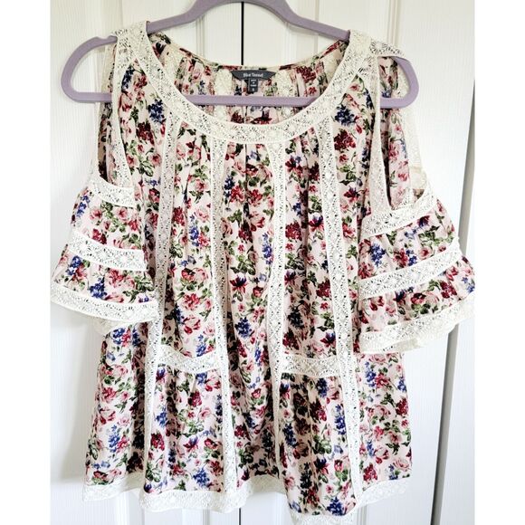 Anthropologie S Blue Tassel Peasant Floral Lace Cold Shoulder‎ Blouse Top Oversz - Picture 1 of 6